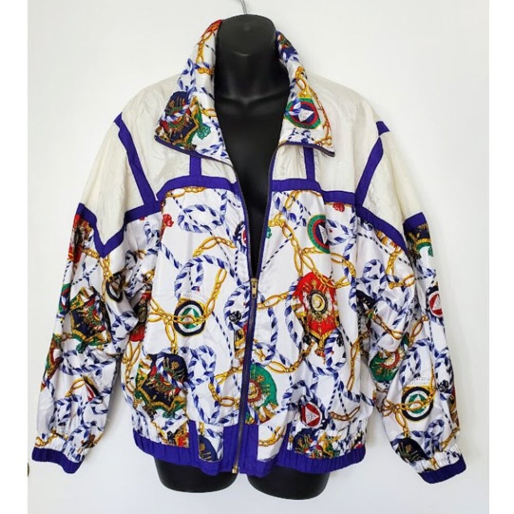 Lavon Y2K Nautical Print Lined Windbreaker Zip Front Jacket Side Pockets Size M